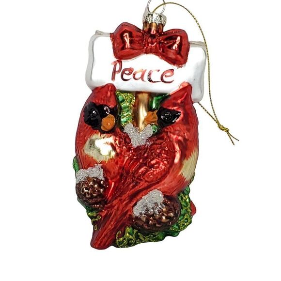 3D Glass Cardinal Bird Christmas Tree Ornament Peace Pinecones Red - Picture 1 of 4